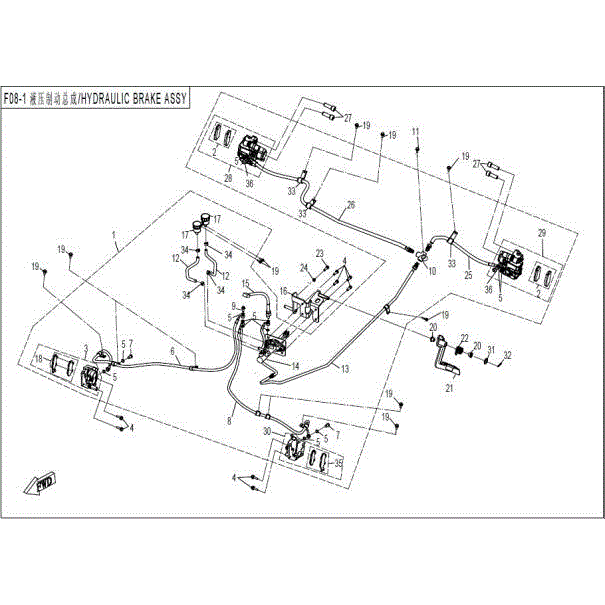 An Image of a Genuine CFMOTO Parts Schematic Diagram showing the schematic - HYDRAULIC BRAKE ASSY - 2016 CFMOTO ZFORCE 800 Trail