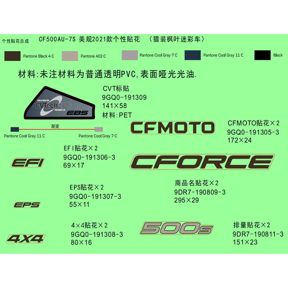 An Image of a genuine CFMOTO Parts Schematic Diagram showing the group - DECAL (FOR 2022 USA TRUE TIMBER CAMO VEHICLE) - 2022 CFMOTO CFORCE 500 S