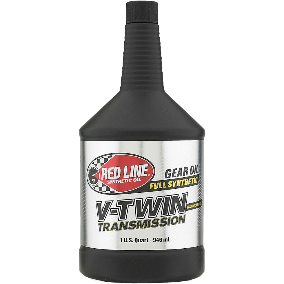 A black plastic 1 U.S. quart (946 mL) bottle of Red Line V-Twin Trans Oil w/ Shockproof, a full synthetic gear oil designed to reduce transmission noise and protect gears, featuring Heavy ShockProof® technology.