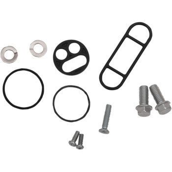 The Yamaha Fuel Petcock Rebuild Kit by Moose Offroad features washers, O-rings, rubber gaskets, and four assorted metal screws, making it ideal for fuel petcock repairs. All parts are displayed on a white background.