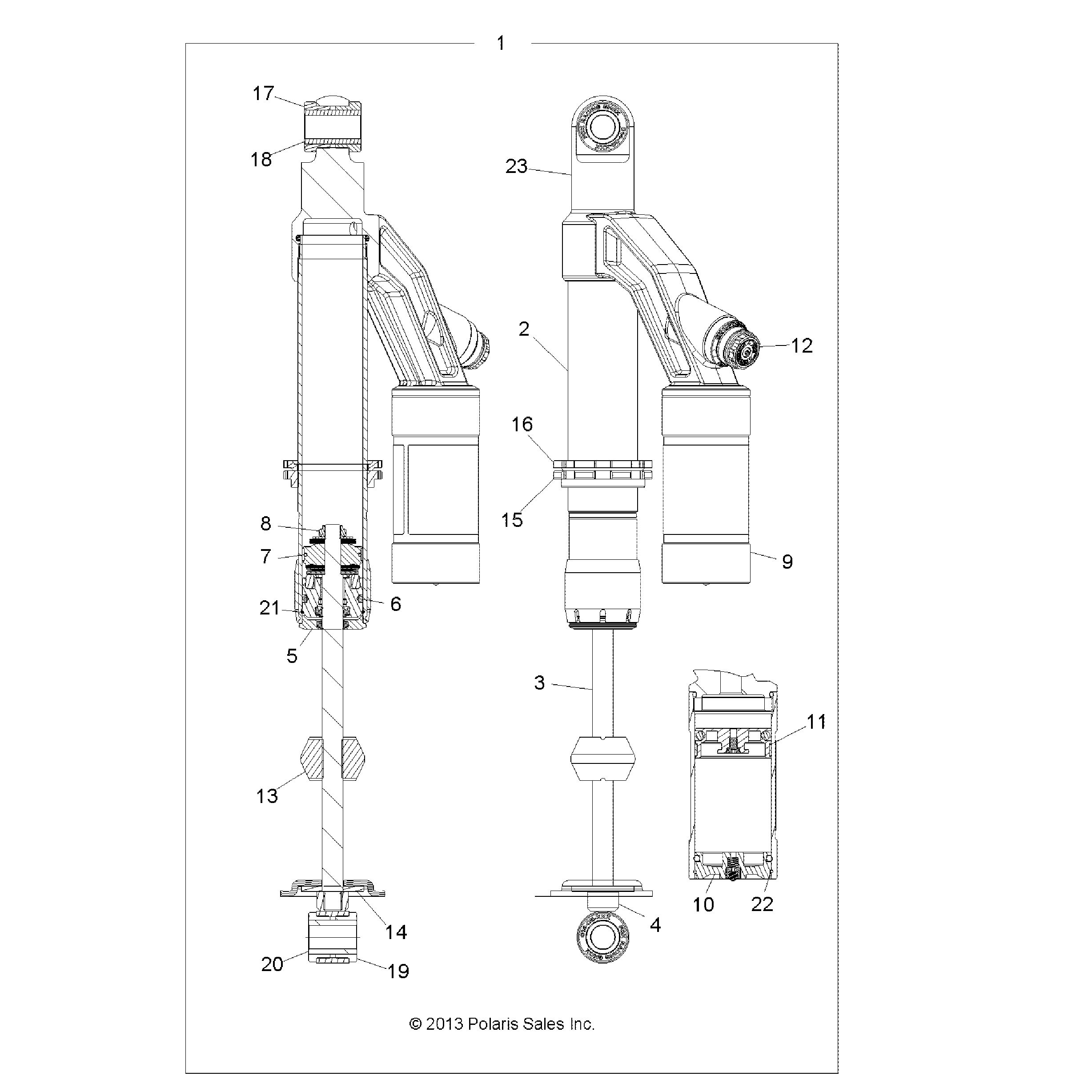 An Image of a Genuine Polaris Parts Schematic Diagram showing the schematic - SUSPENSION: SHOCK REAR - 2017 POLARIS SCRAMBLER XP 1000