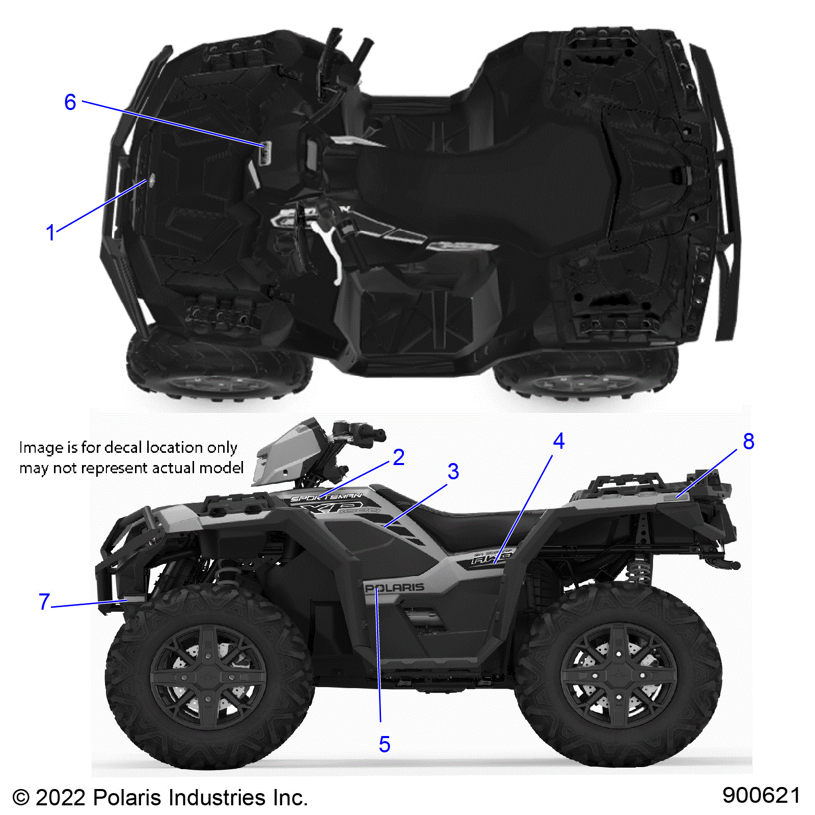 An Image of a Genuine Polaris Parts Schematic Diagram showing the schematic - BODY: DECALS GRAPHICS - 2023 POLARIS SPORTSMAN XP 1000 48" LE RIDE COMMAND