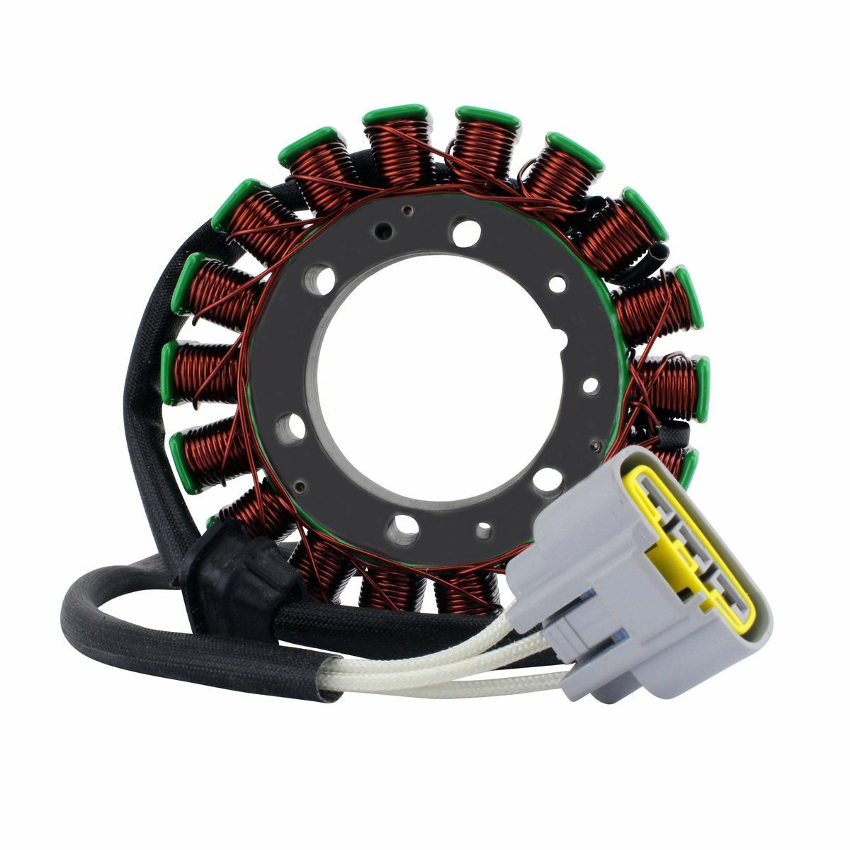 Circular offroad stator with black metal core, copper wire coils, and attached gray connector with yellow accents.