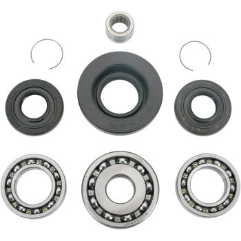 The Honda Differential Bearing Seal Kit Front by Moose Offroad includes EMQ quality bearings, rubber seals, two retaining rings, and a cylindrical bearing, all displayed on a white background.