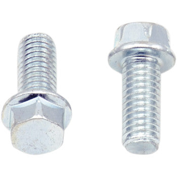 Set of two silver metal M6 x 14 flange bolts with hex heads and threaded shafts.