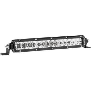 The SR Series PRO LED Light 10 Driving by Rigid Industries is a low-profile rectangular LED bar with multiple round lights in one row, a black metal frame, durable polycarbonate lens, and mounting brackets at each end.