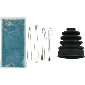The Polaris CV Boot Kit Front & Rear Outboard Middle by Epi includes a black accordion-style rubber CV boot, molybdenum disulfide grease packet, and three different-sized metal clamps—all shown on a white background.