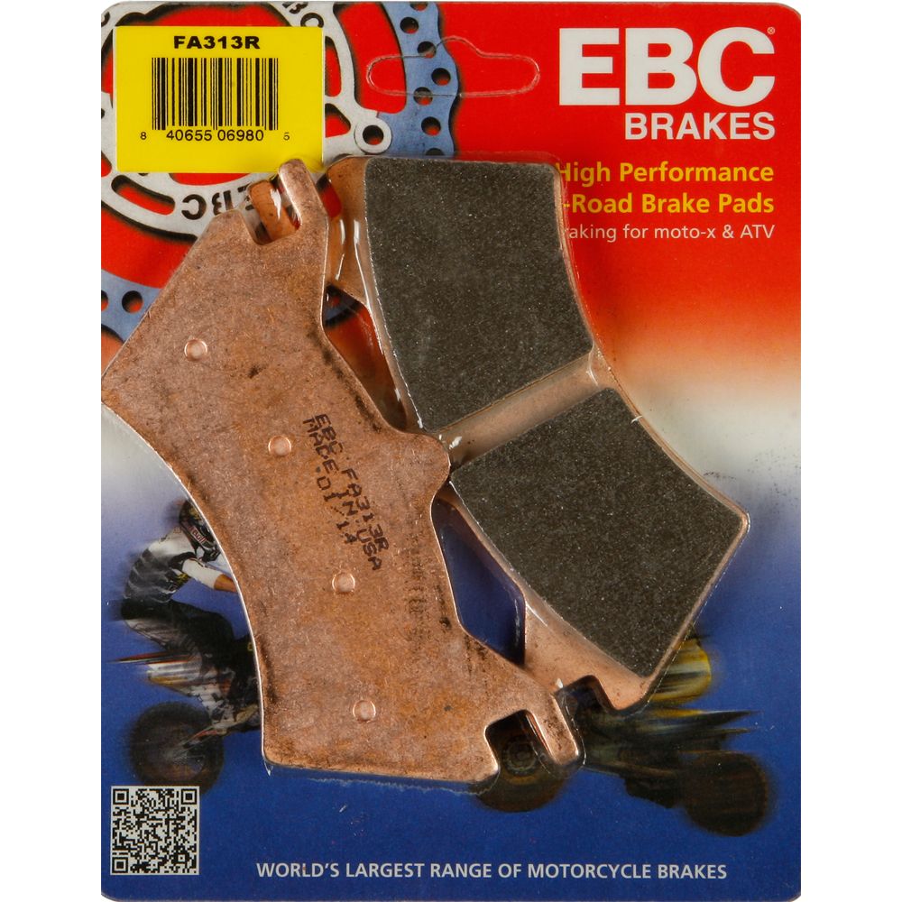 Pair of copper-colored and black high-performance brake pads with textured surface on branded red and blue EBC Brakes.