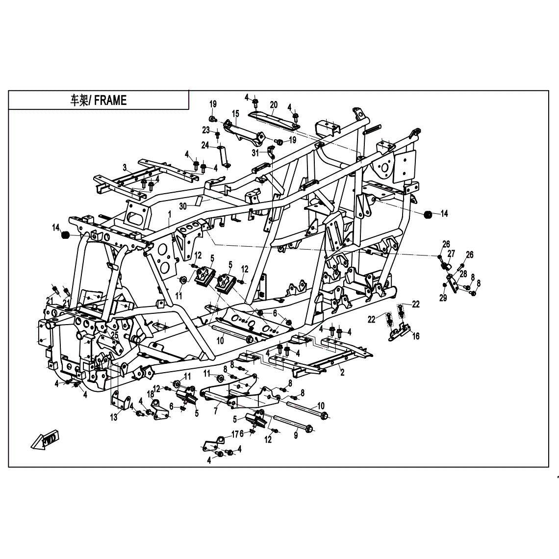 An Image of a genuine CFMOTO Parts Schematic Diagram showing the group - FRAME (NEW) - 2020 CFMOTO CFORCE 500 S