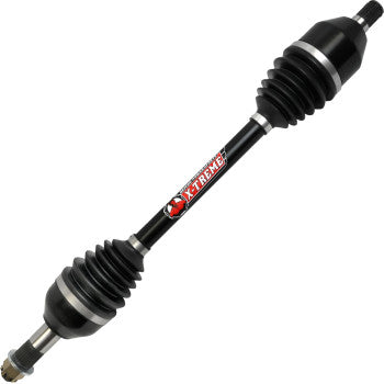Black heavy-duty Polaris RZR Axle with rubber accordion boots and silver metal joints, labeled X-Treme.