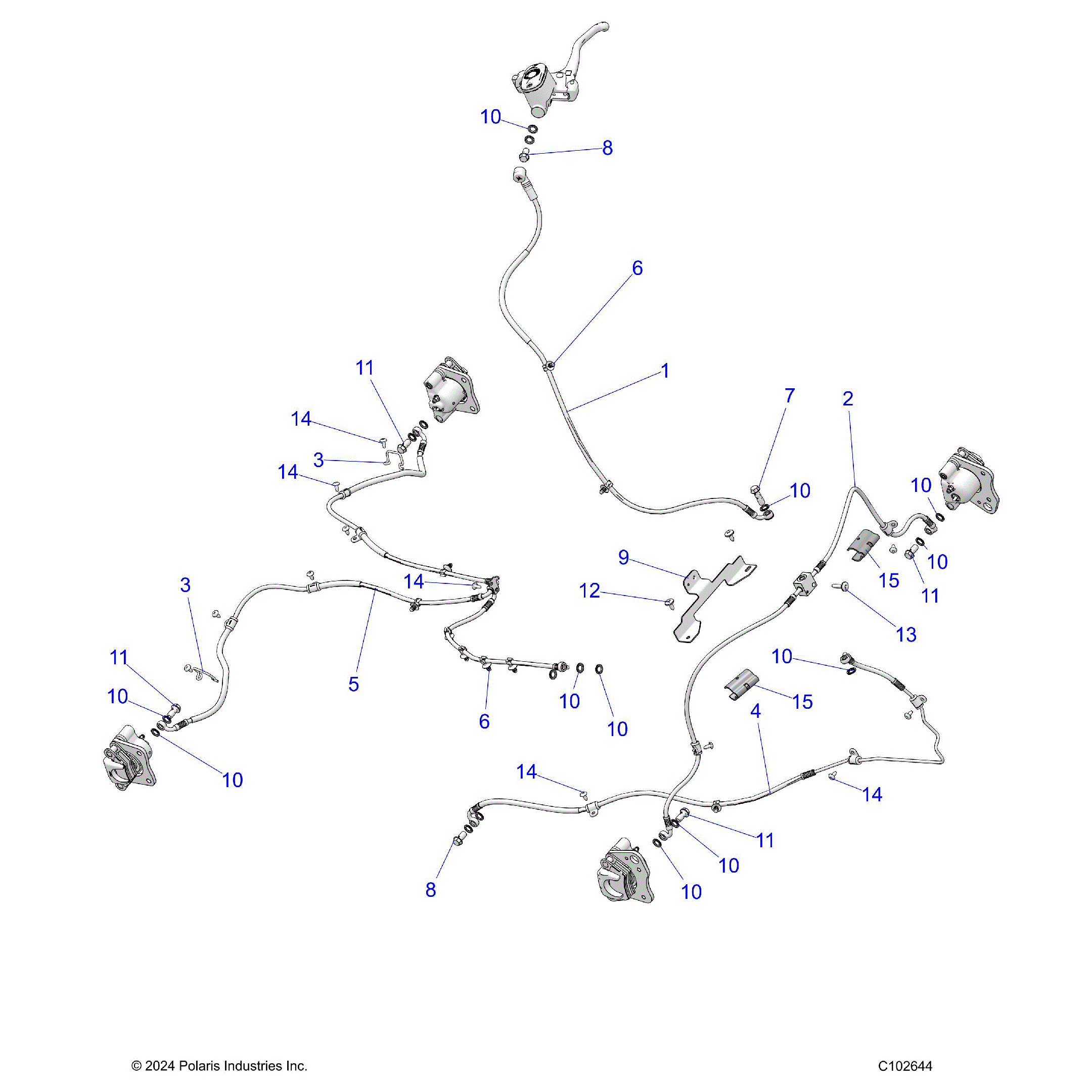 An Image of a Genuine Polaris Parts Schematic Diagram showing the schematic - BRAKES: BRAKE LINES - 2026 POLARIS SPORTSMAN 570 6X6 EPS 49S
