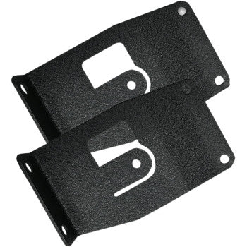 The Polaris Mounting Bracket by Navatlas includes two black metal brackets with textured surfaces, multiple screw holes, and rectangular cutouts—ideal for installing a radio mount or Navatlas system on your UTV dash.