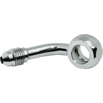 The Banjo Fitting 10 mm AN3 60° Chrome by Magnum Shielding is a shiny, silver metal automotive fitting with a curved tube and threaded male end, ideal for high-performance brake systems using AN-3 connections.