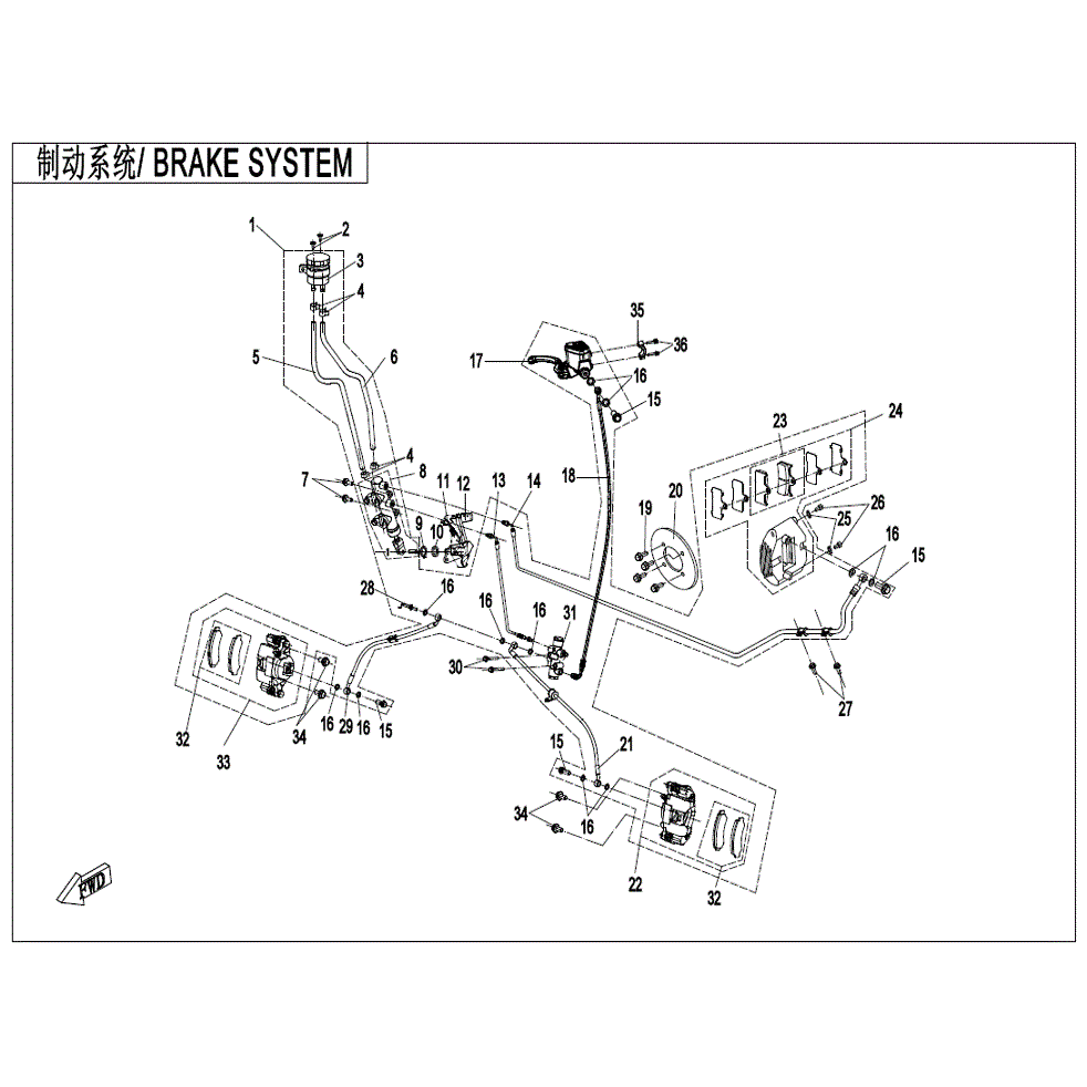 An Image of a genuine CFMOTO Parts Schematic Diagram showing the group - BRAKE SYSTEM - 2022 CFMOTO CFORCE 400