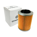 Cylindrical orange pleated oil filter with black top and silver metal rim next to white CFMOTO branded box.