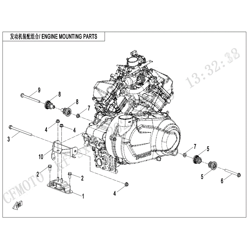 An Image of a Genuine CFMOTO Parts Schematic Diagram showing the schematic - ENGINE MOUNTING PARTS - 2023 CFMOTO ZFORCE 800 Trail
