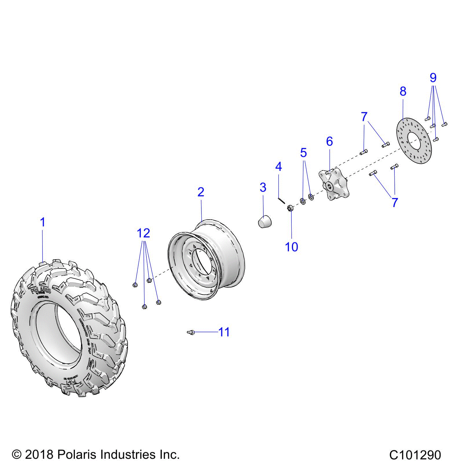 An Image of a Genuine Polaris Parts Schematic Diagram showing the schematic - WHEELS: FRONT TIRE and BRAKE DISC - 2020 POLARIS SPORTSMAN 570 UTILITY