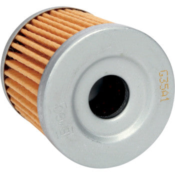The Kawasaki - Suzuki - Arctic Cat Oil Filter by Emgo is a cylindrical, pleated paper filter with metal end caps, shown angled on a white background—designed for durability and optimal engine protection.