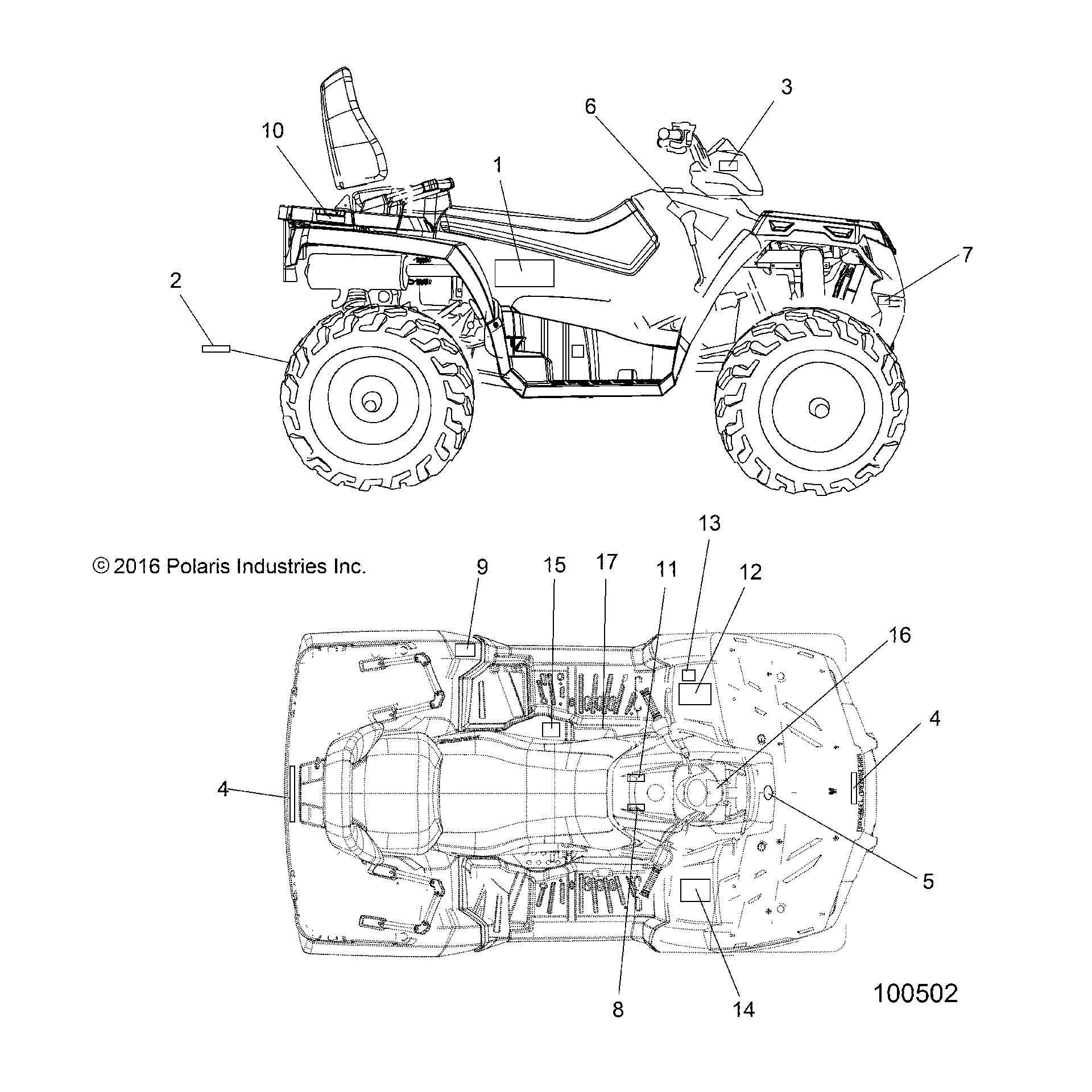 An Image of a Genuine Polaris Parts Schematic Diagram showing the schematic - BODY: DECALS - 2017 POLARIS SPORTSMAN TOURING 570 EFI/EPS