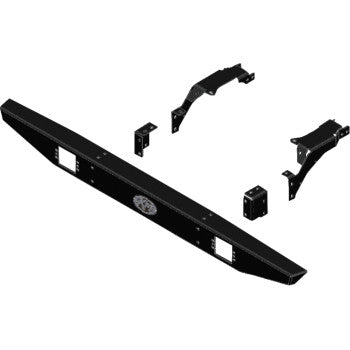 Illustration of the Polaris Ranger Rear Bumper by Kfi Products, featuring a black textured finish with brackets and mounting hardware, all easy to install and displayed separately on a white background.
