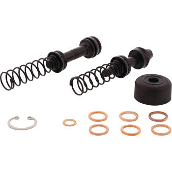 The Brake Master Cylinder Rebuild Kit by All Balls features two black metal rods with coiled springs, EPDM rubber seals, a circular black cap, a retaining ring, and several copper washers arranged on a white background.