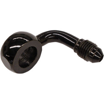 The Banjo Fitting 7/16" AN3 90° Black by Magnum Shielding is a black metal fitting with a 90-degree curve and threaded end, designed for connecting hoses or pipes in automotive or hydraulic brake switch block applications.