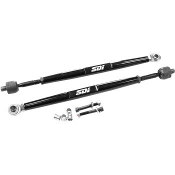 Two black Tie Rods Commander by Sdi, with rod ends, bolts, and fittings, are displayed on a white background—perfect as heavy-duty adjustable tie rods for race-proven performance.