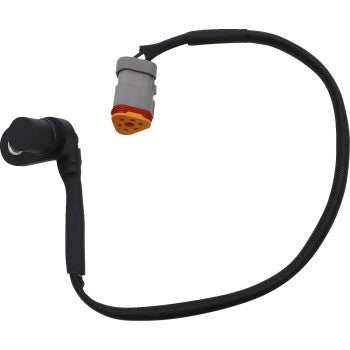 The Can Am Speed Sensor by Quad Logic is a black, cylindrical automotive sensor with a curved cable and a gray connector featuring an orange tip. It includes a mounting bracket for easy installation and is designed as a plug-and-play direct replacement.