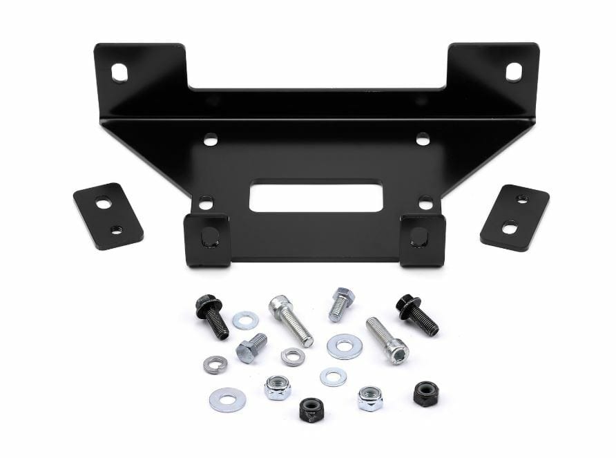 The Polaris Ranger 1000 SXS Winch Mounting Kit by Warn includes a black metal bracket, two smaller brackets, and all required hardware—bolts, washers, and nuts—shown on a white background. Built for durability and corrosion resistance.