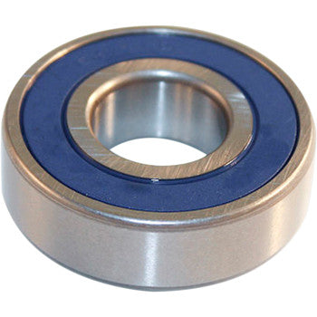 A close-up of the Bearing Hub Front Inner Outer by Epi, featuring a blue rubber seal on the inner ring that accentuates its circular form and polished, reflective surface.