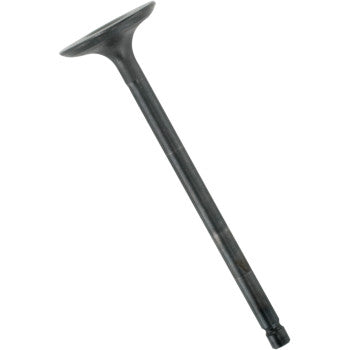 Black metal intake valve with flat circular head and long slender stem for Yamaha engines.