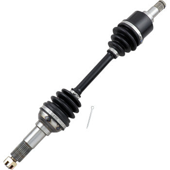 Front left and right black metal Yamaha Grizzly CV axle kit with rubber boots and metal joints, includes cotter pin.