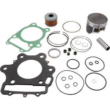 The Honda Top End Kit 74.00 mm by Wsm includes engine parts and gaskets for 4-stroke models—piston kit, rings, gaskets, O-rings, oil filter, and seals—all neatly arranged on a white background.