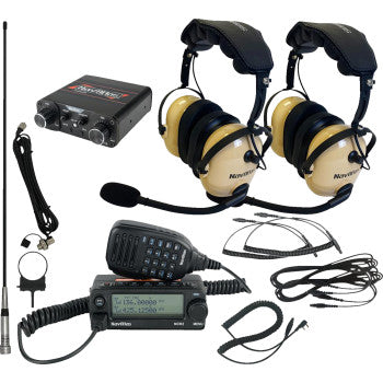 The Intercom Radio and Headset Kit 2 Seat Beige by Navatlas includes two noise-cancelling headsets with microphones, a dual band radio, intercom control box, antenna, cables, connectors, and mounting hardware displayed on a white background.