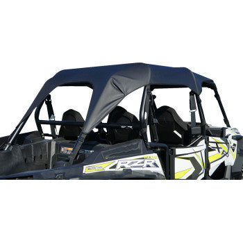 The Polaris RZR Soft Upper Doors Rear Windshield Roof Black by Seizmik adds a black marine-grade polyester canvas roof to a four-seat off-road vehicle with black and white body panels and yellow accents.