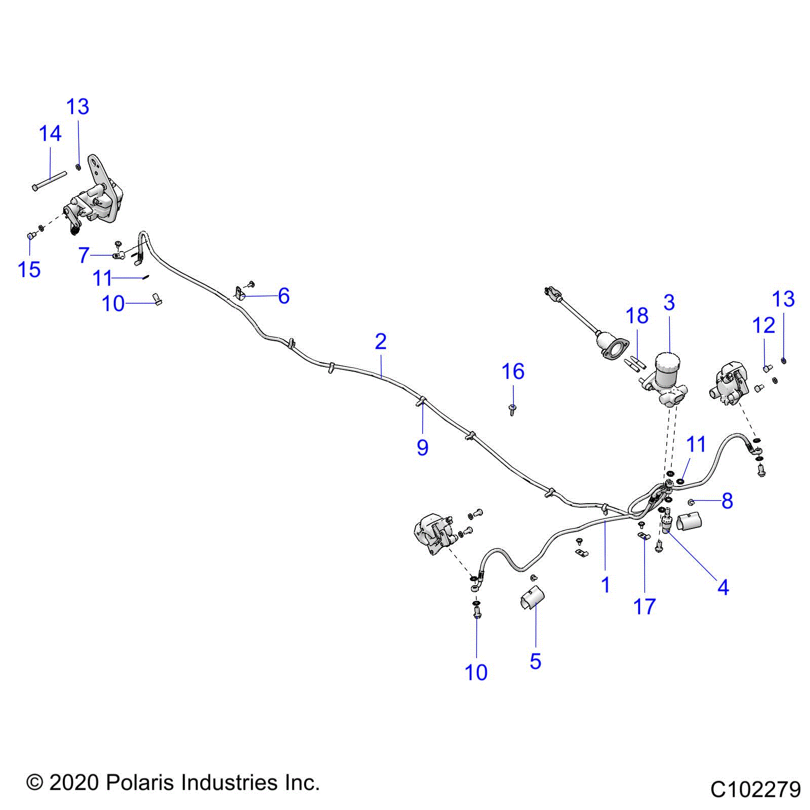 An Image of a Genuine Polaris Parts Schematic Diagram showing the schematic - BRAKES: BRAKE LINES AND MASTER CYLINDER - 2021 POLARIS ACE 150 EFI