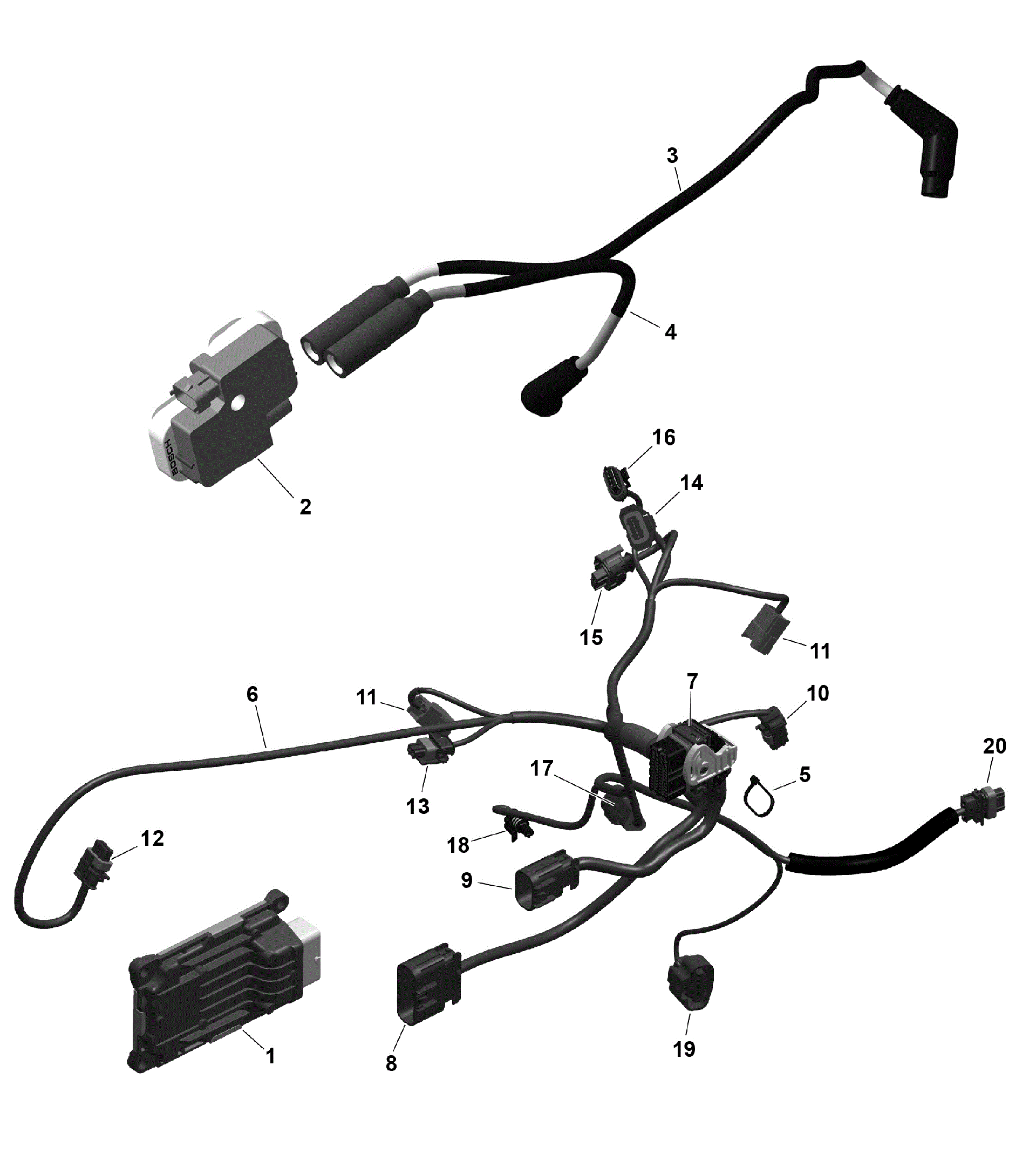 An Image of a Genuine Can-Am Parts Schematic Diagram showing the schematic - ROTAX - ENGINE HARNESS AND ELECTRONIC MODULE