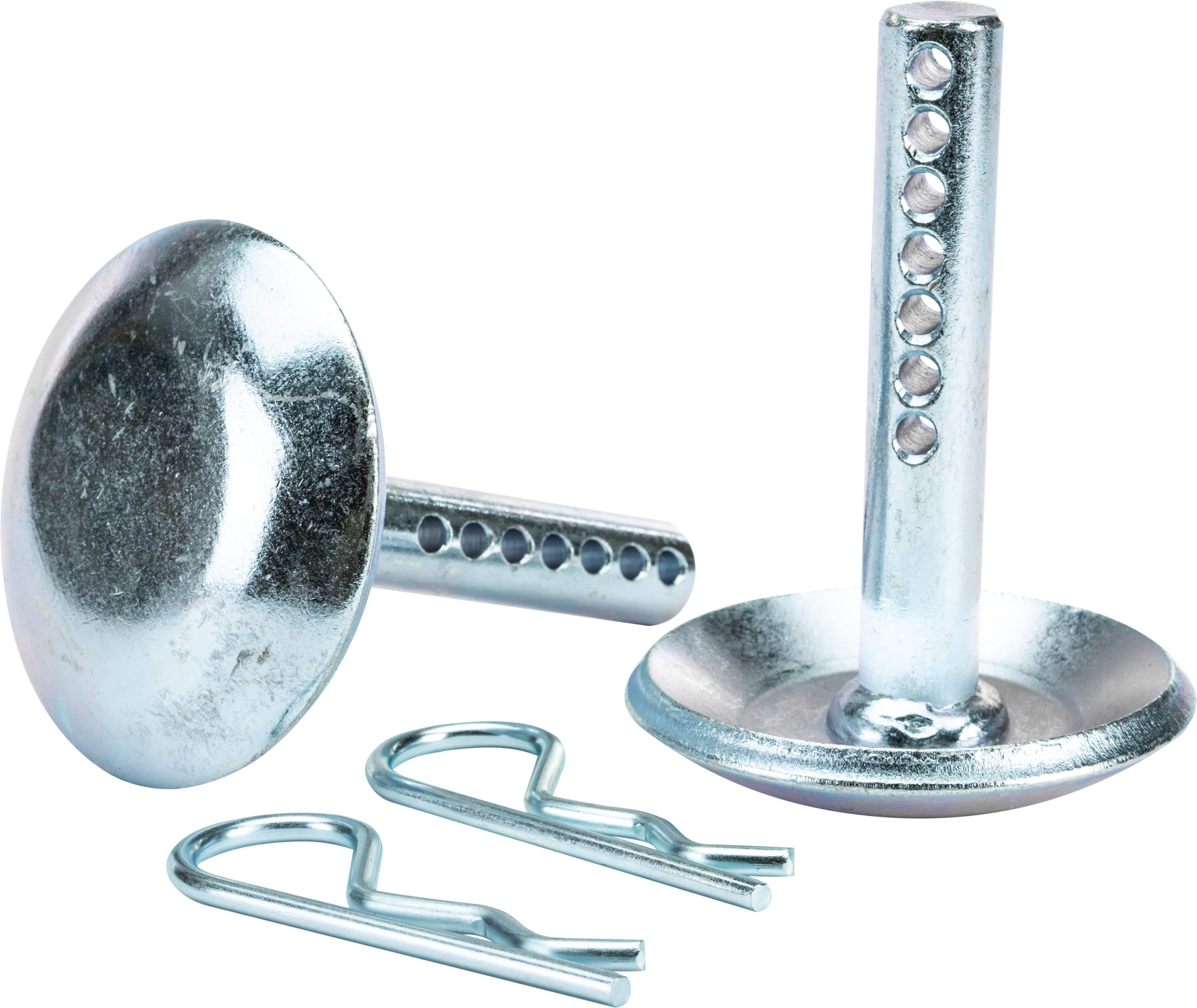 The Snow Plow 50 Skid Kit by Warn includes two shiny metal hitch pins with round flat heads, multiple holes, and two R-clip retainers, all displayed on a white background.