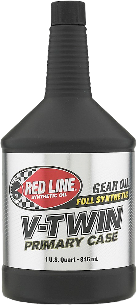 A black 1-quart (946 mL) bottle of Red Line V-Twin Primary Case Oil, formulated for V-Twin motorcycle engines and primary chaincase applications.