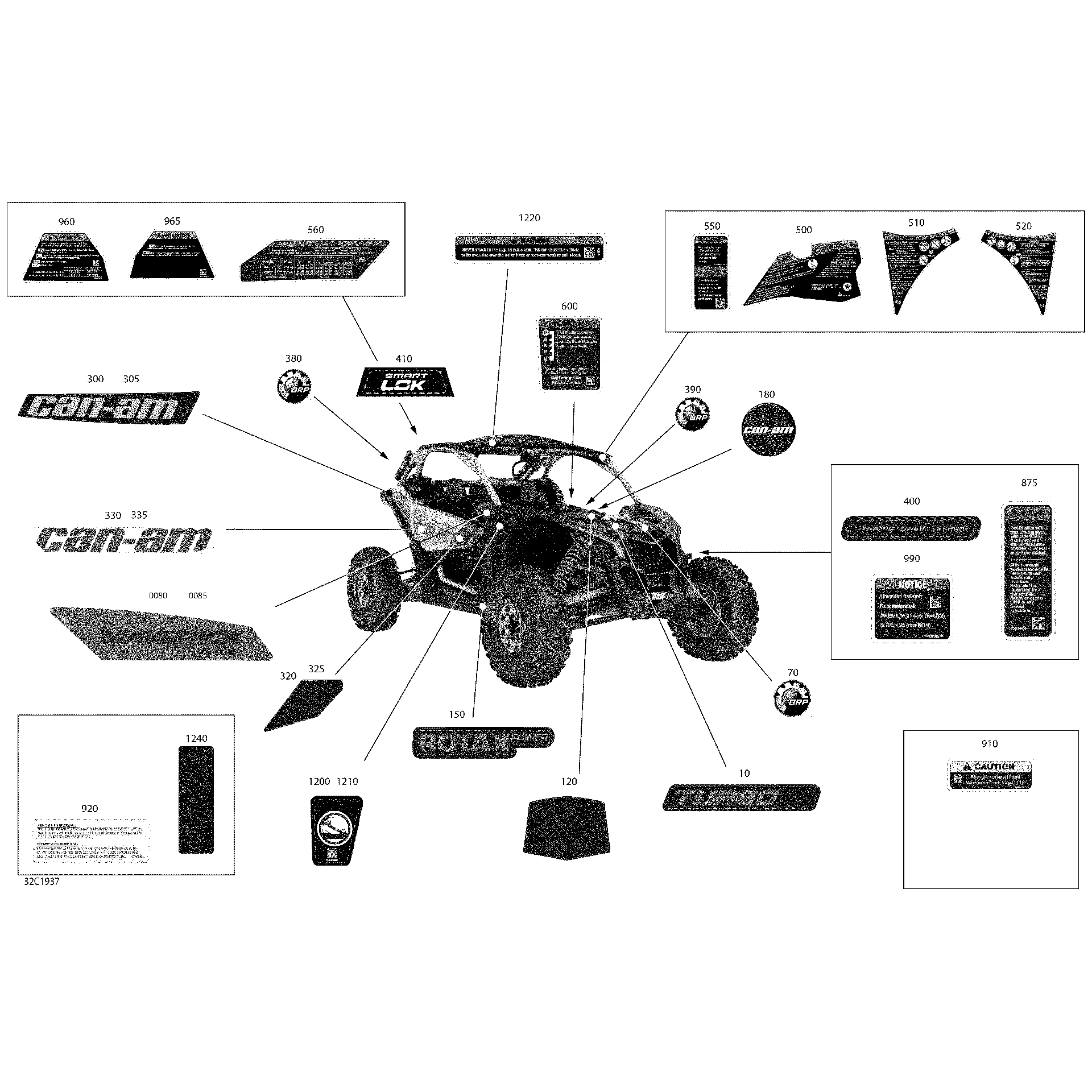 An Image of a Genuine Can-Am Parts Schematic Diagram showing the schematic - DECALS - TURBO R - PACKAGE X RS - NORTH AMERICA