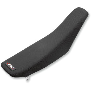 The Universal All Grip Cover Black by Factory Effex is a black textured motorcycle seat cover made from All-Grip material, featuring a small logo patch on one end and shown against a white background.