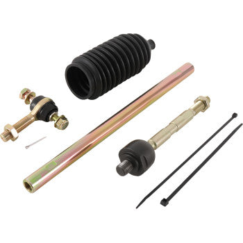 Tie Rod End Kit by Moose Offroad: includes heavy-duty replacement tie-rod ends, metal rod, ball joint, black rubber boot, zip tie, and metal pin—offering OEM-level durability and cost savings. Shown on a white background.