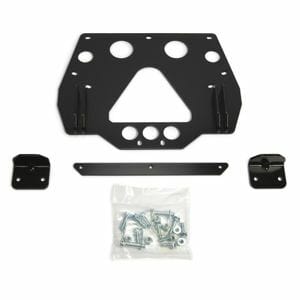 The Polaris ATV Center Snow Plow Mounting Kit by Warn features a black metal bracket set with multiple holes, two small side brackets, a horizontal bar, and assorted screws—perfect for ATV plowing—displayed on a white background.