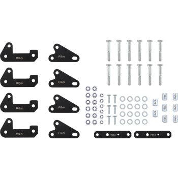 Black metal lift brackets and mounting hardware including bolts, nuts, and washers for Polaris Ranger suspension upgrade.