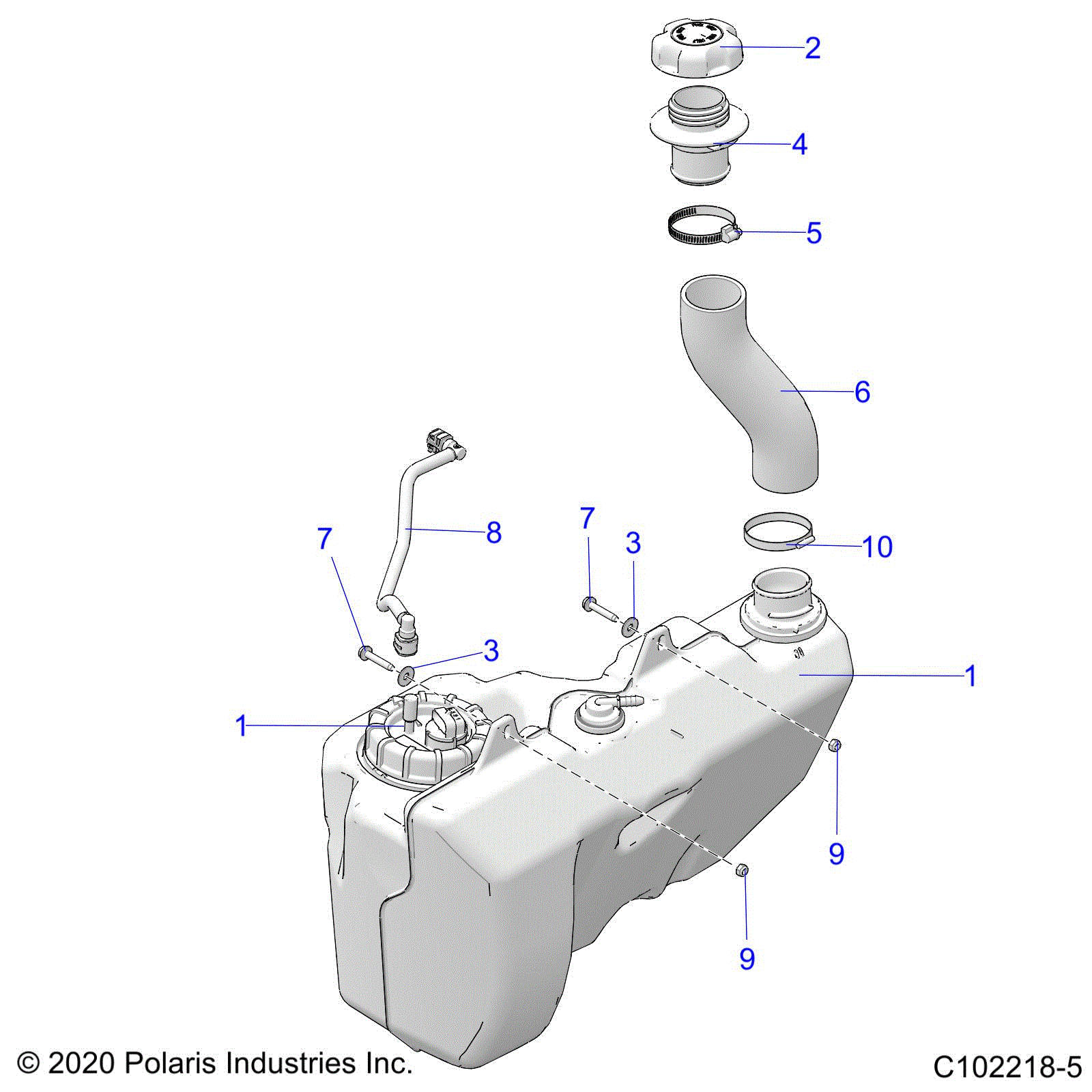 An Image of a Genuine Polaris Parts Schematic Diagram showing the schematic - FUEL SYSTEM: FUEL TANK - 2022 POLARIS SCRAMBLER 850 48"