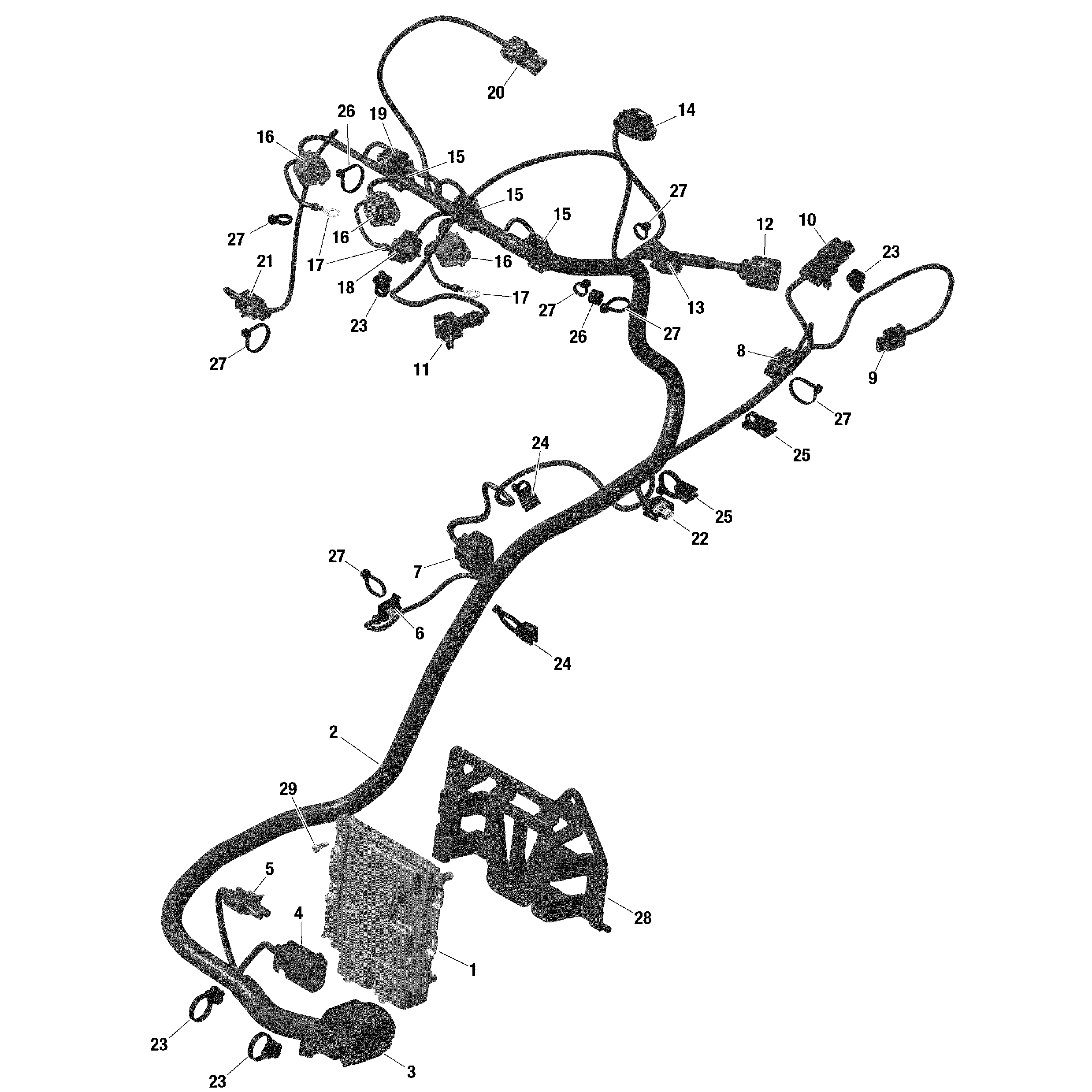 An Image of a Genuine Can-Am Parts Schematic Diagram showing the schematic - ROTAX - ENGINE HARNESS AND ELECTRONIC MODULE - TURBO RR