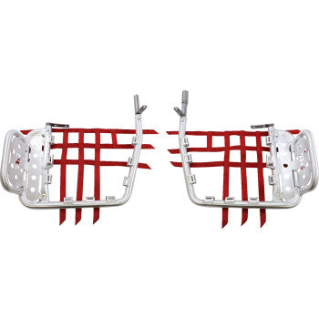 Honda heel guard nerf bars with silver metal frame and red webbing straps for offroad UTVs.