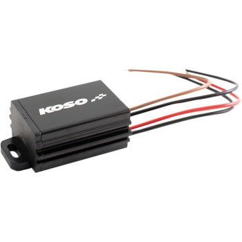 The AC/DC Converter by Koso North America is a compact black aluminum unit with a rectangular shape, branded logo, cooling fins, and four colored wires for reliable snowmobile electrical connections.