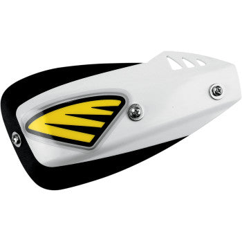 The Probend™ DX Replacement Handshields White by Cycra feature a white and black design with durable plastic shields, yellow and black graphics, three mounting screws, and small air vents.