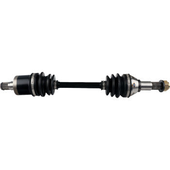 Black and silver metal CV axle kit with rubber accordion boots on each joint for ATV rear wheels.